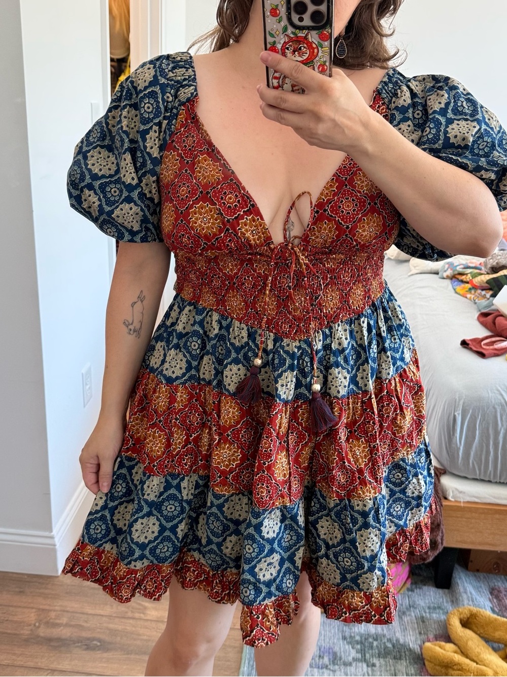 Anthropologie MAHILA Rust Blue. Mustard Floral Cotton Puff Sleeve Mini Dress S
